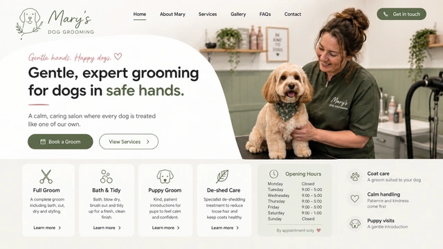 Pet care & grooming — Gentle colour / Reassuring imagery website design