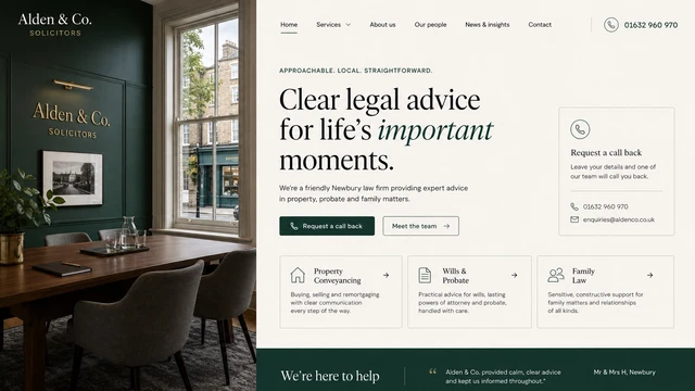 Legal & advisory — Editorial balance / Assured tone website design